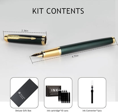 Fountain Pen, luxury pens, Fine point smooth writing pens for journaling fancy pens with Gift Case 10 black ink cartridges an ink converte nice pens writer gifts-Matte Green