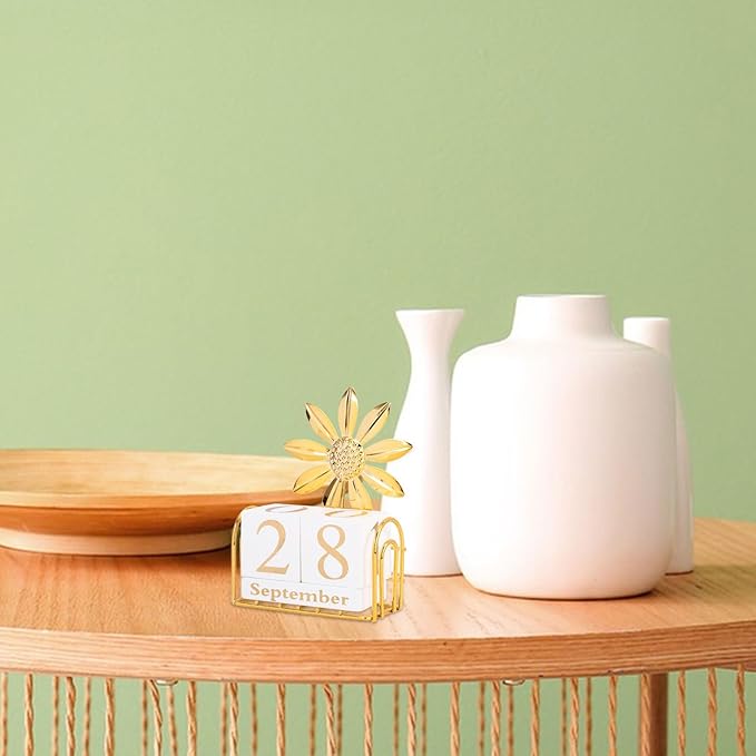 SUPVOX Wooden Block Calendar for Desk Daily Desktop Perpetual Calendar Wood Month Date Display Blocks Farmhouse Desk Accessories for Home Office Decor Reusable Yearly Sunflower Design