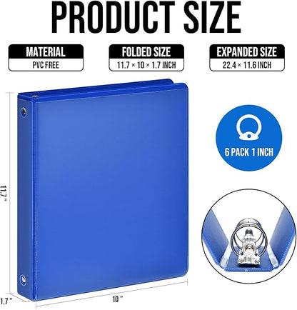 3 Ring Binder 1 Inch, IntoJoy 6 Pack Clear View 3 Hole Binder PVC-Free Fits 8.5x11 Inch Paper Flexible Round Ring Binders for School Office Home Binder Supplies (Blue)
