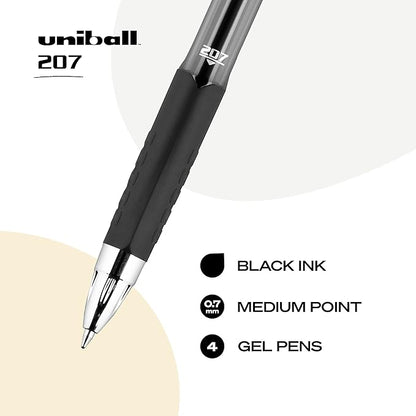 Uniball Signo 207+ Gel Pen 4 Pack, 0.7mm Medium Black Pens & Uniball Signo Gel 207™ Retractable Gel Pens, Medium Point, 0.7 mm, Clear Barrel, Black Ink, Pack Of 4