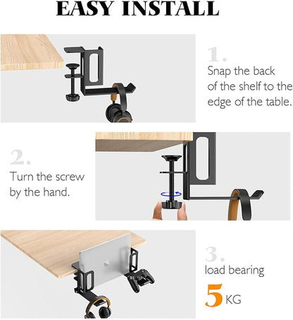 Desk Side Storage,Adjustable Laptop Holder for Desk Side, Steel Hanging Desk Organizer,Clamp on Desk Side Storage Organizer for Laptops/MacBook/Keyboards/Headphone/Gamepad/Backpack(Black)