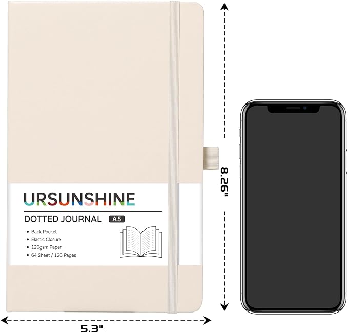 Dotted Journal/Notebook - Dot Grid Hard Cover Notebook, Premium Thick Paper with Fine Inner Pocket, Black Smooth Faux Leather, Pen Loop, 5.3'' x 8.26'' - Vanilla