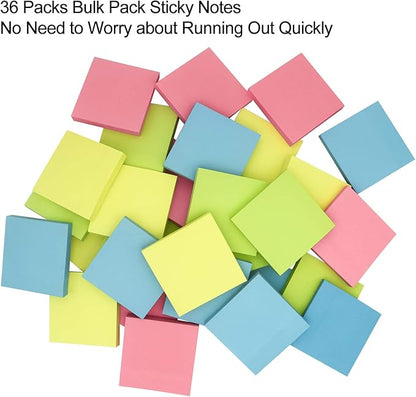 Sticky Notes 3x3, Self-Stick Notes, 36 Pads, 100 Sheets/Pad, Assorted Colors Stickies, Easy to Post Notes for Study, Works, Daily Life (36)