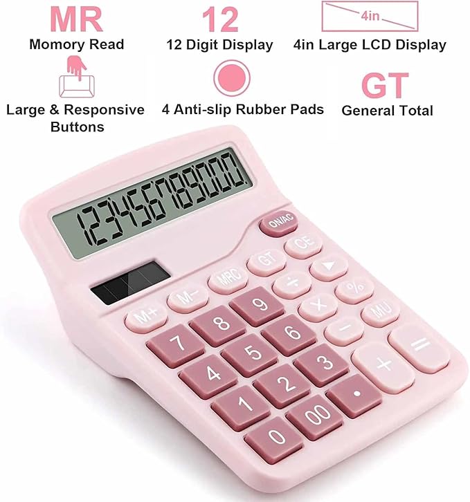 Office Desk Calculator, Cute Calculator for Kids, Basic Calculators Desktop, Dual Power Simple Financial Calculator with Big Button Large Display for Office Home and School (Pink)
