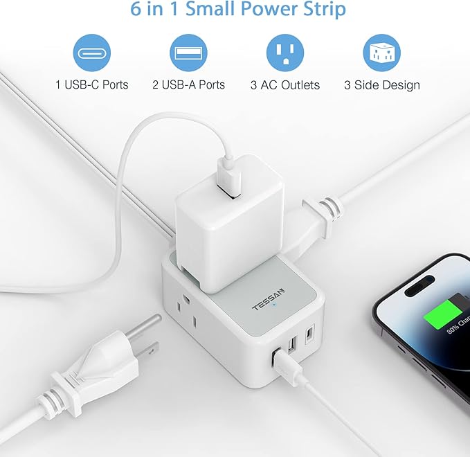 Small Flat Plug Power Strip, TESSAN Ultra Thin Extension Cord with 3 USB Wall Charger (1 USB C), 3 Outlets Mini Charging Station, 5 ft Slim Plug for Cruise Travel Office School Dorm Room Essentials