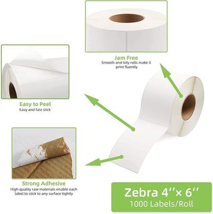 4"x 6" Multipurpose Direct Thermal Labels 3" Core Compatible for Zebra Industrial Printers Adhesive & Perforated (2 Rolls, 1000 Labels/Roll)