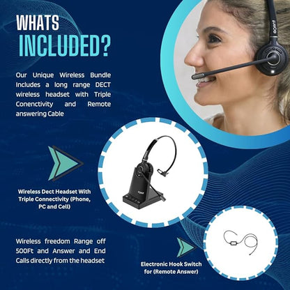 TruVoice Agent AW70 DECT 3-in1 Wireless NC Headset with EHS for Remote Answer - Compatible with Cisco IP Phones : 8851 8861 8865 8961 9951 9971 DX650 DX70 and Computer + Cell Phones