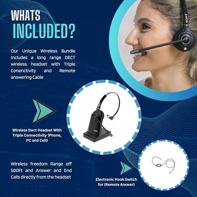 TruVoice AW70 DECT 3-in1 Wireless NC Headset with EHS for Remote Answer - Compatible with Cisco Phones 6945 7821 7841 7861 7942G 7945G 7962G 7965G 7975G 8841 8851 8861 and Computer and Cell Phones