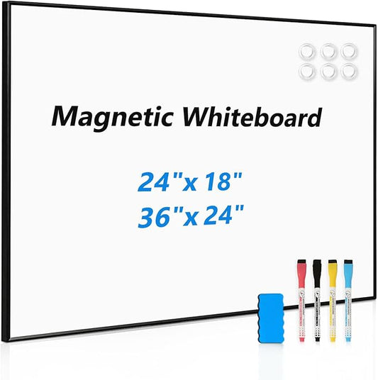 Magnetic Whiteboard, 36"x24" Black Aluminum Frame Dry Erase White Board for Wall, Large Wipe Board with 6 Magnets, 4 Markers & 1 Eraser for Home and Office