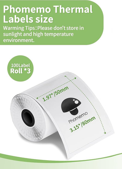 Thermal Sticker Labels Compatible with Phomemo M110/M220/M221/M120/M200/M110S Label Makers, 1.97"x3.15"(50mm*80mm), Thermal Paper for Bussiness/Design/Barcode,Black on White,100 Labels/Roll