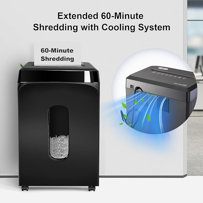 60-Minute Continuous Paper Shredder | P5 Security Level | 2x15mm Micro-Cut | 58dB Quiet Operation | 10-Sheet Capacity | Jam-Proof & 6.1Gal Bin | Heavy Duty for Home/Office
