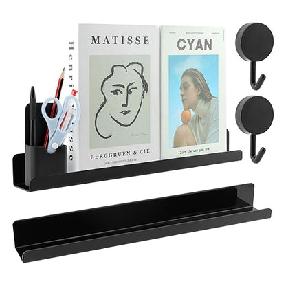 Magnetic Book Shelf for Whiteboard, Magnetic Book Holder File Rack with a Pen Container and Two Hook Acrylic Book Shelves Metal Floating Book Display Shelf for Teacher Kids Room Office(Black)