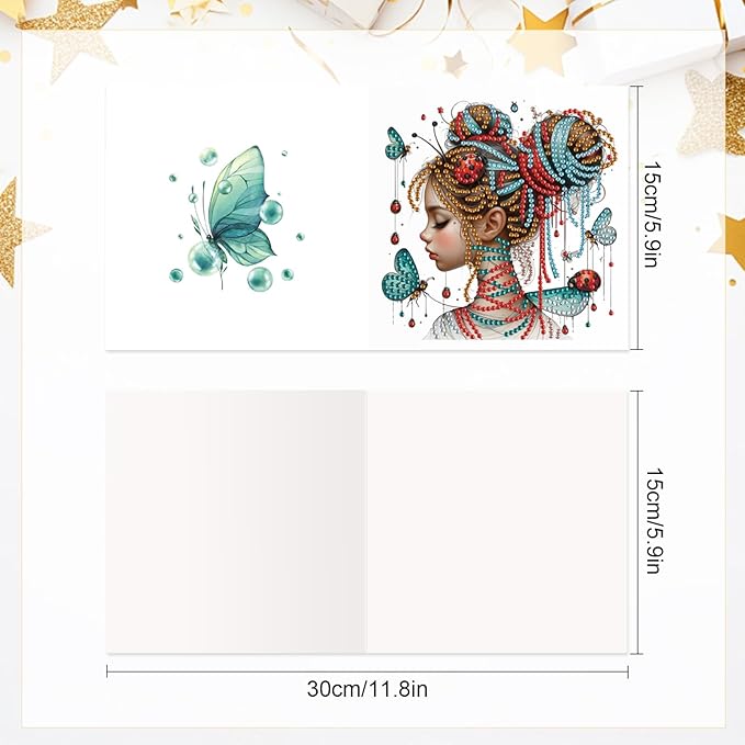 Tontut 6pcs Diamond Art Painting Kit Greeting Card, Temperament Butterfly Lady 5D DIY Diamond Handmade Holiday Sparkling Greeting Card with Envelope, Holiday Gift Congratulation