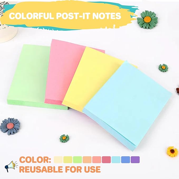 (9 Pack) Sticky Notes 3x3 Inches Colorful Sticky Notes，Super Sticking Power Bright Colors Self-Stick Pads，Easy to Post for School Supplies and Office Products，56 Sheets/Pad,504Sheets