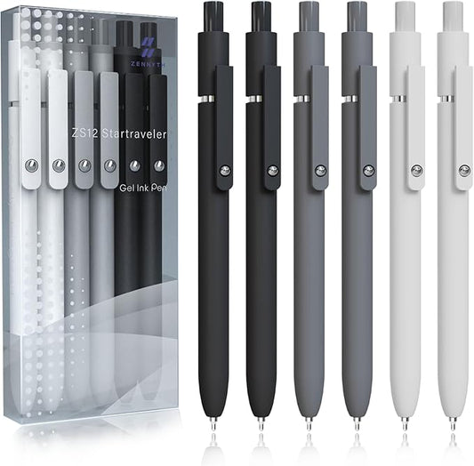Gel Pens,6 Pcs 0.5mm Fine Point Black Ink Pens With Smooth Writing,Quick Dry Pens For Journaling,Nurse Aesthetic Pens,Office School Supplies for Men Women Student(Black Gray White)