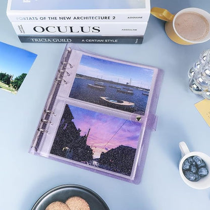 Purple Giltter PVC Kpop Photocard Binder Loose Leaf 6-Ring Wide A5 Photocards Holder with 6 Inch 100 Pockets Photo Pages Transparent Card Sleeve Protectors Page for Photos Cards Album Folder Organizer