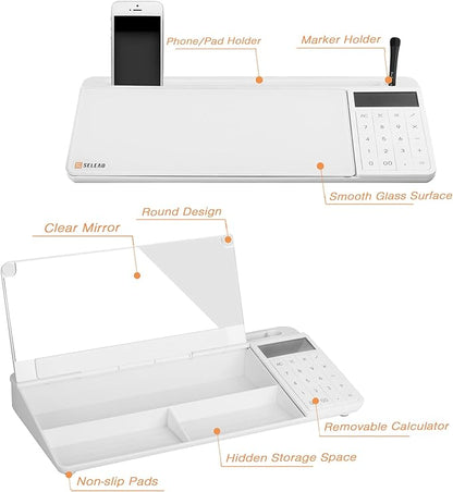 SELEAD Desktop Glass Whiteboard with Calculator & Built-in Mirror, Dry Erase White Board Computer Pad Keyboard Stand with Organizer Drawer, Desk Accessories for Home, School, Office