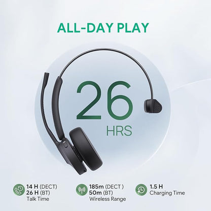 Yealink WH64 Wireless Headset, DECT & Bluetooth Dual-Mode 606 ft Range Headset for Teams Zoom,Skype and UC, Phone Headset with 3X Mic, 26 Talk Time, Office Work Headset for Desk IP Phone, PC,CellPhone