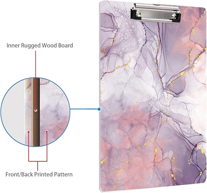 WAVEYU Cute Hardboard Office Clipboard, Clipboard with Low Profile Clip Designed for Students Classroom School and Office Use, Purple Marble(12.5"x9")