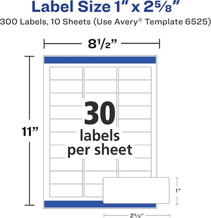 Avery Address Labels with Sure Feed and Easy Peel Technology, Glossy White Labels, 1" x 2-5/8", Permanent Adhesive, Laser/Inkjet, 300 Glossy Labels (6525)