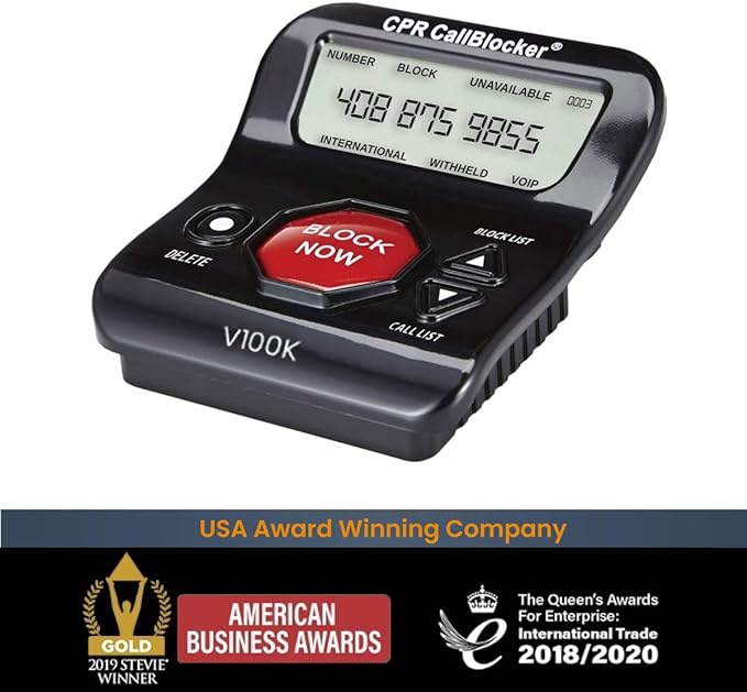 CPR V100K Call Blocker for Landline Phones with Caller ID. Pre-Loaded with 100,000 Nuisance Numbers and Allows Blocking of 10,000 More with a Single Button Press.