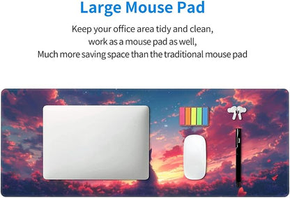 Gaming Mouse Pad Desk Pad,Extended Big Mouse Pad,31.5x11.8 Inch Long Computer Keyboard Mouse Mat Mousepad with 3mm Non-Slip Base and Stitched Edge for Gaming and Office… (Sunset Cat)