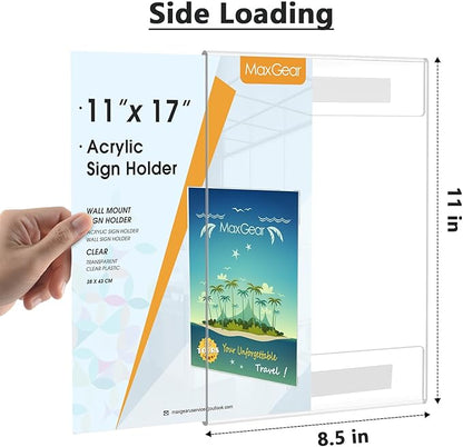 MaxGear 11x17 Acrylic Sign Holder Wall Mount Sign Holder with Double-Sided Tape Clear Plastic Flyer Holder Acrylic Picture Frame Paper Poster Document Holder for Home Office Restaurant,3 Pack