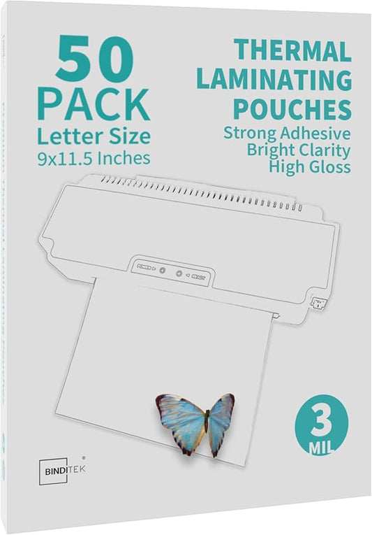 Binditek 50 Pack 3 Mil Thermal Laminating Pouches, 9x11.5 Inches Laminating Sheets, for Letter Size, Ultra Clear, Glossy, Hold 8.5x11 Inches, Heat Seal, School Office Supplies