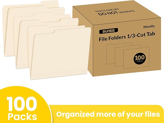SUNEE Manilla Folders Letter Size (8.5 x 11 inches),100 Per Box, 1/3 Cut Tab for Easy Labeling and Organization, Durable Standard Paper for Home, Office, School Filing