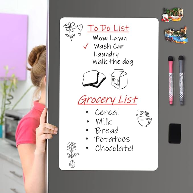 Magnetic Dry Erase Board Fridge Whiteboard Sheet 12"x 8", Easy to Write and Clean, Small Refrigerator White Board for Home Kitchen Shopping List & to Do List, 2 Markers and Eraser with Magnets