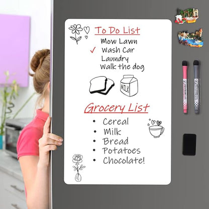 Magnetic Dry Erase Board Fridge Whiteboard Sheet 12"x 8", Easy to Write and Clean, Small Refrigerator White Board for Home Kitchen Shopping List & to Do List, 2 Markers and Eraser with Magnets