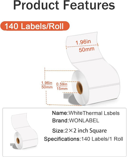 2inch Square Thermal Labels Self-Adhesive, 140 Sheets/Roll Printer Labels for Business and Home, Thermal Sticker for/Shipping/Packaging/DIY Logo Design/Thanks Card/Inventory