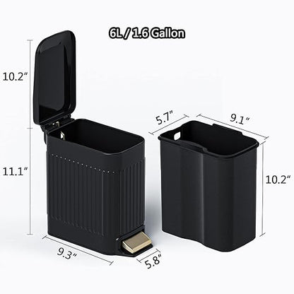 Small Bathroom Trash Can with Lid Soft Close-6L/1.6 Gal Slim Step Garbage Can-Metal Pedal Wastebasket-Narrow Rectangle Garbage Container Bin for Corner Office, Bedroom, Toilet, Live Room-Black