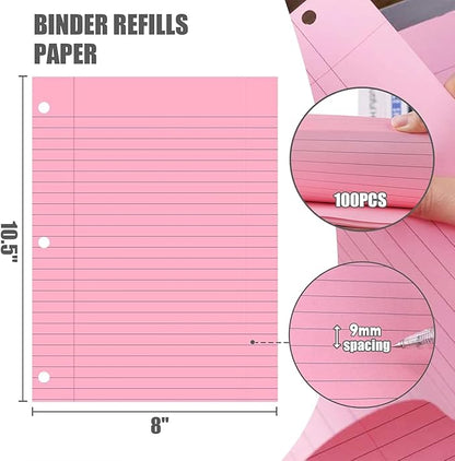 HIBOX 100 Sheets Lined Loose Leaf Paper, Pink 3 Holes Ruled Binder Refill Paper Filler Paper for Women Girls Writing Work Meeting Note Taking