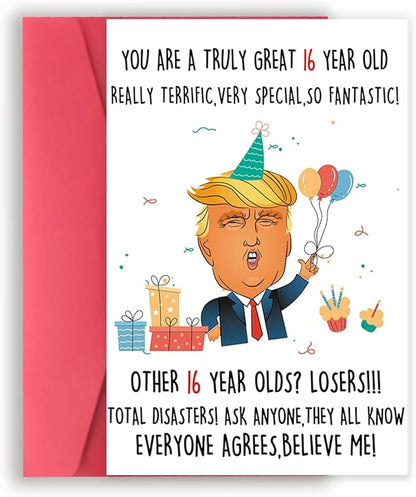 Funny Trump 16th Birthday Card for Him Her, Humorous Donald 16th Birthday Card Gift for Son Daughter, 16 Year Old Birthday Decoration for Niece Nephew