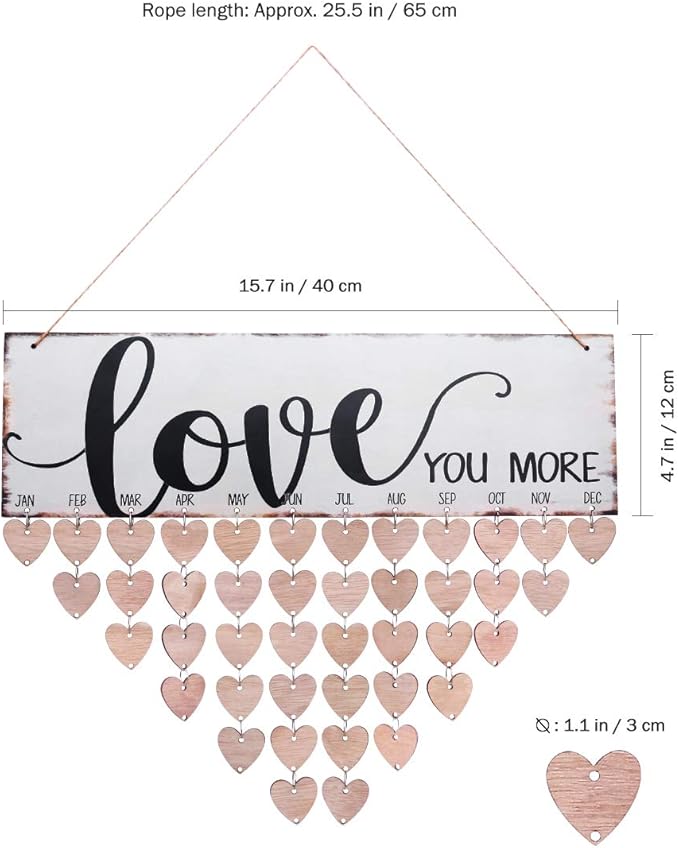 WINOMO Family Birthday Board Plaque DIY Hanging Wooden Birthday Reminder Calendar for Mom Dad Grandma Grandpa with 50pcs Wooden Hearts