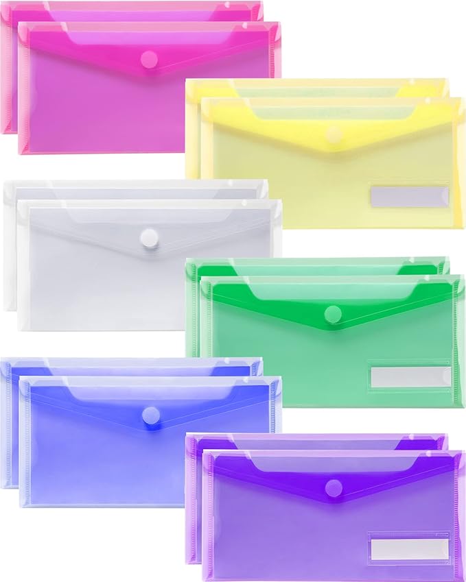 Sooez Small Plastic Envelopes, 12 Pack Plastic Pouch with Label Pocket, Pencil Pouch, Reusable Envelopes,Pencil Case Bulk, Money Envelopes, 9.4 x 4.7 Inches
