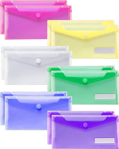 Sooez Small Plastic Envelopes, 12 Pack Plastic Pouch with Label Pocket, Pencil Pouch, Reusable Envelopes,Pencil Case Bulk, Money Envelopes, 9.4 x 4.7 Inches