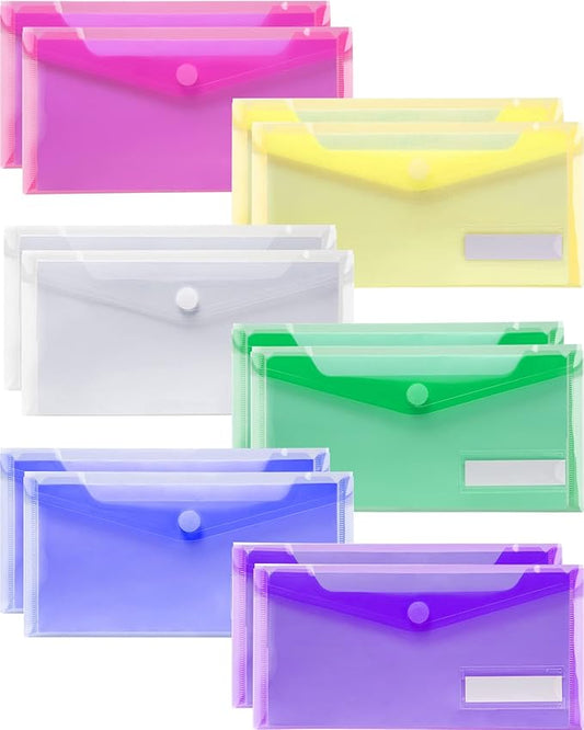 Sooez Small Plastic Envelopes, 12 Pack Plastic Pouch with Label Pocket, Pencil Pouch, Reusable Envelopes,Pencil Case Bulk, Money Envelopes, 9.4 x 4.7 Inches