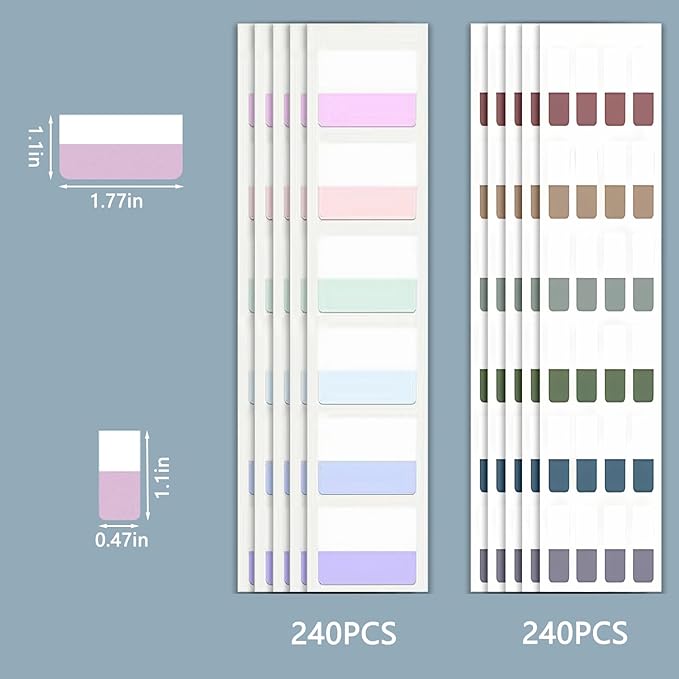 ELII 480 Pcs Morandi Tabs 2 Inch Sticky Index Tabs,Book Tabs Writable and Repositionable File Tabs Flags, Colored Page Markers 12 Colors