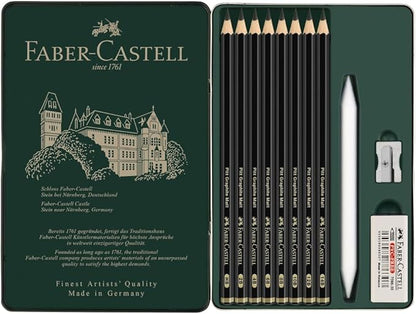 Faber-Castell Pitt Graphite Matte Pencil Set, Metal Tin of 8 Graphite Pencils and Sketching Accessories (HB, 2B, 4B, 6B, 8B, 10B, 12B, 14B), Pencil Sharpener, Eraser and Blending Stump
