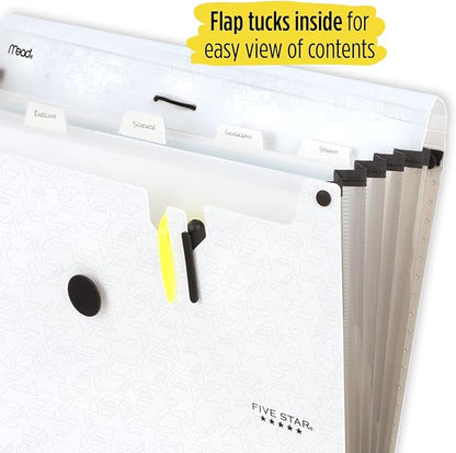 Five Star 6 Pocket Expanding File Organizer, Plastic Expandable File Folders with Pockets and Tab Inserts, Holds 11" x 8-1/2", Bungee Closure, White (355520E)