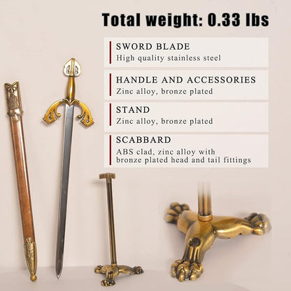 Metal Stainless Steel Sword Letter Opener with Stand,Medieval Vintage Gold Handle,Mini Sword,Lightweight Hand Envelope Slitter,Special Gift