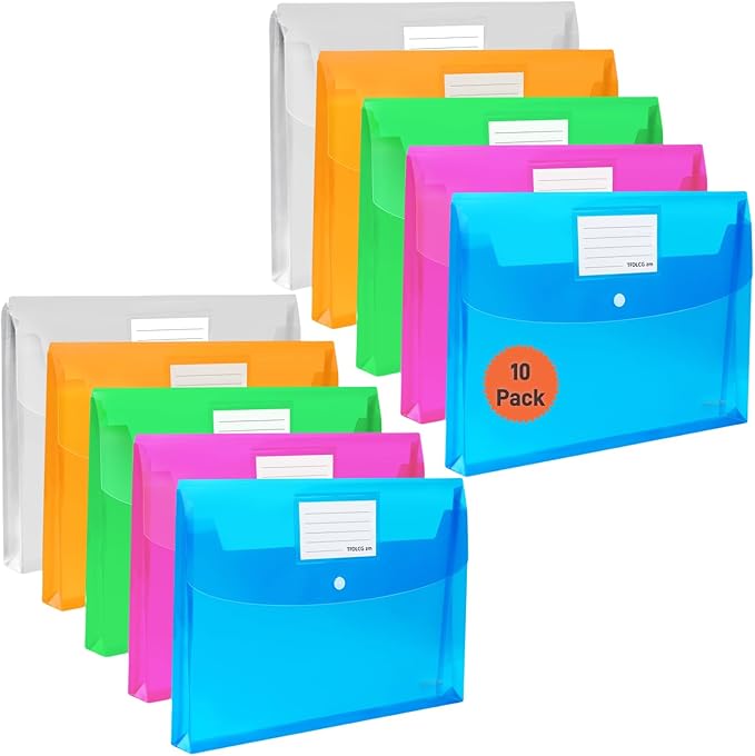 10 Pack Plastic Envelopes with Snap Closure,TFDLCG zm Poly File Envelopes with Label Pocket,Clear Document Folders,A4 Letter Size(13"×9.5") for School Home Work Office,Assorted Colors