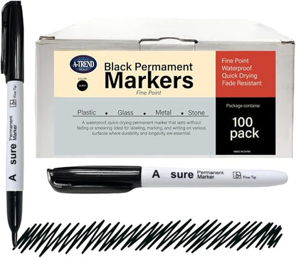 100 Pack Black Permanent Felt Waterproof Markers, Fine Point, Fade Resistant, Writes on Plastic, Metal, Glass, and Stone.