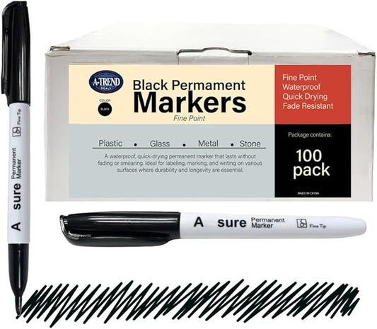 100 Pack Black Permanent Felt Waterproof Markers, Fine Point, Fade Resistant, Writes on Plastic, Metal, Glass, and Stone.