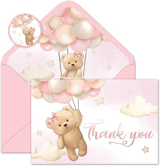 Whaline 24 Packs Bear Thank You Cards Pink Bear Balloon Greeting Cards Cute Cartoon Blank Note Cards with Envelopes and Stickers for Baby Shower Birthday Holiday Party Supplies, 4 x 6 Inch