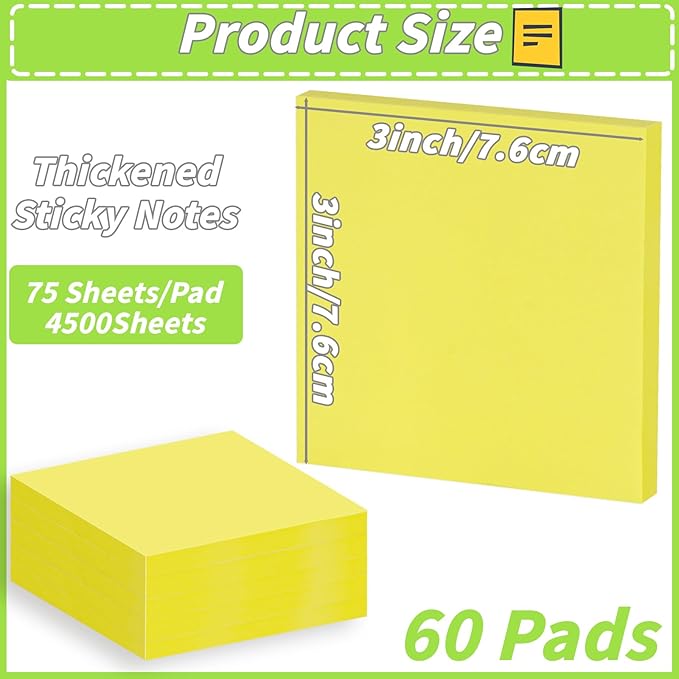 60 Pack Sticky Notes Bulk 3x3,Canary Yellow Sticky Pads Blank Notes Self-Stick Notes, Easy to Post for Teacher Student School Office Meeting Blank Desk Pads,75 Sheets/Pad,Total 4500 Sheets