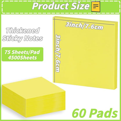 60 Pack Sticky Notes Bulk 3x3,Canary Yellow Sticky Pads Blank Notes Self-Stick Notes, Easy to Post for Teacher Student School Office Meeting Blank Desk Pads,75 Sheets/Pad,Total 4500 Sheets
