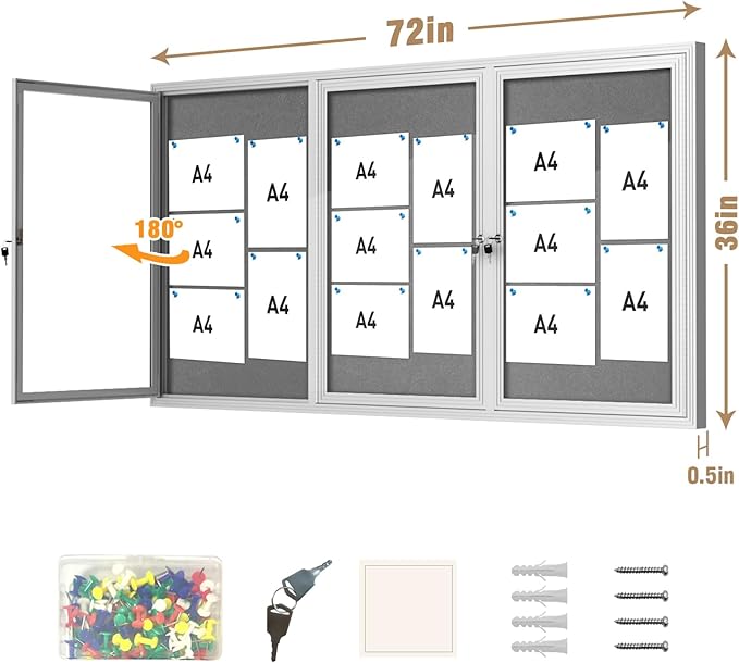 36"x72" Enclosed Bulletin Board, Outdoor Lockable Weather-Resistant Aluminum Cork Noticeboard for School & Office, Silver Frame w/Grey Flet